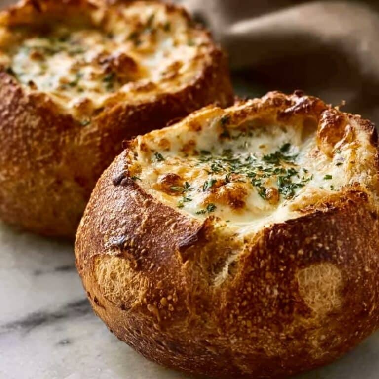 Creamy French Onion Soup Baked in Bread Bowls Recipe