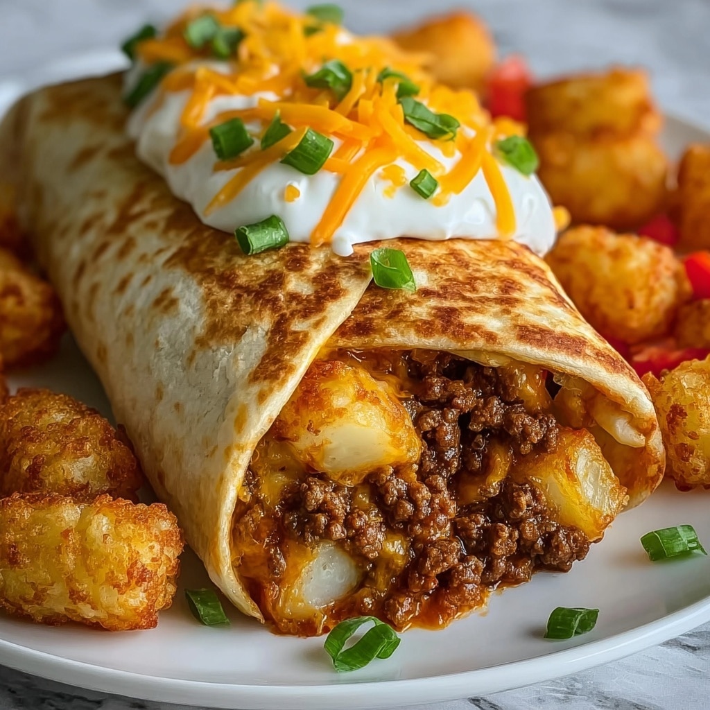 Cheesy Potato Burritos with Crispy Tater Tots and Chipotle Sauce Recipe - Recipe Image