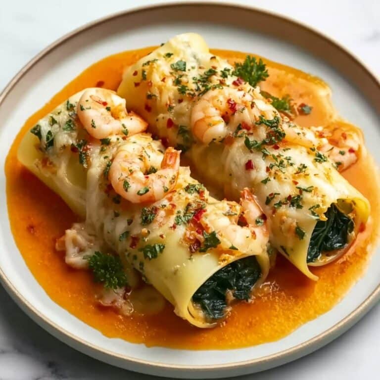 Shrimp & Spinach Stuffed Pasta Rolls with Roasted Red Pepper Cream Sauce Recipe