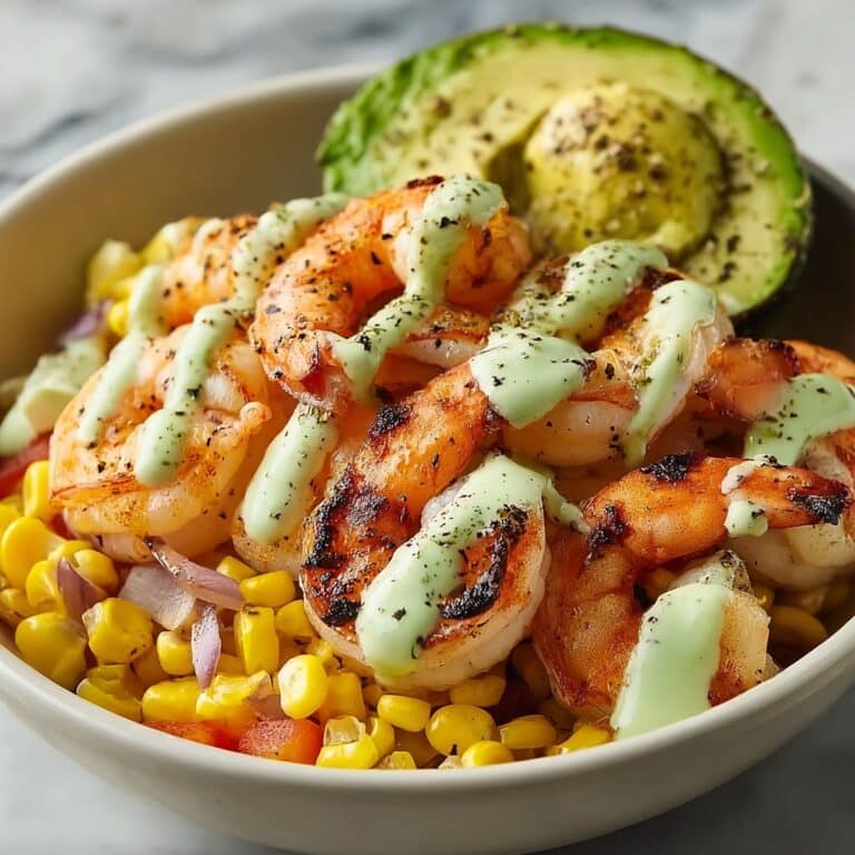 Grilled Shrimp Bowl with Avocado Corn Salsa and Creamy Sauce Recipe