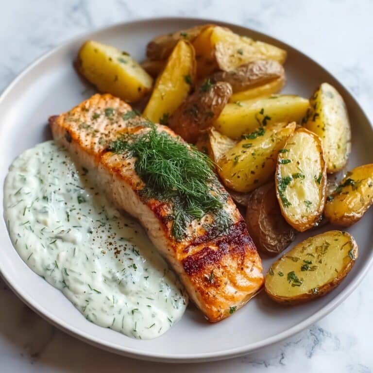 Dill Salmon with Potato Wedges and Creamy Pickle Dill Sauce Recipe