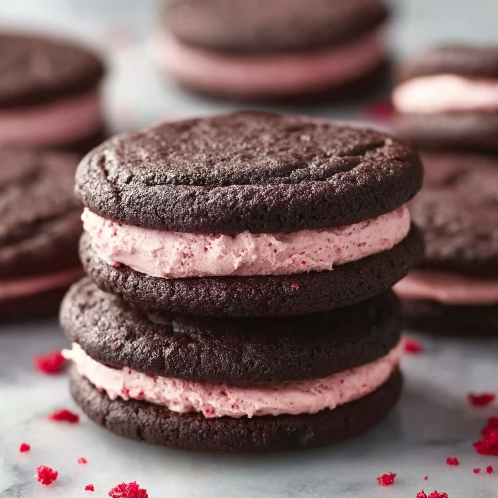 Chocolate Raspberry Sandwich Cookies with Ganache Drizzle Recipe - Recipe Image