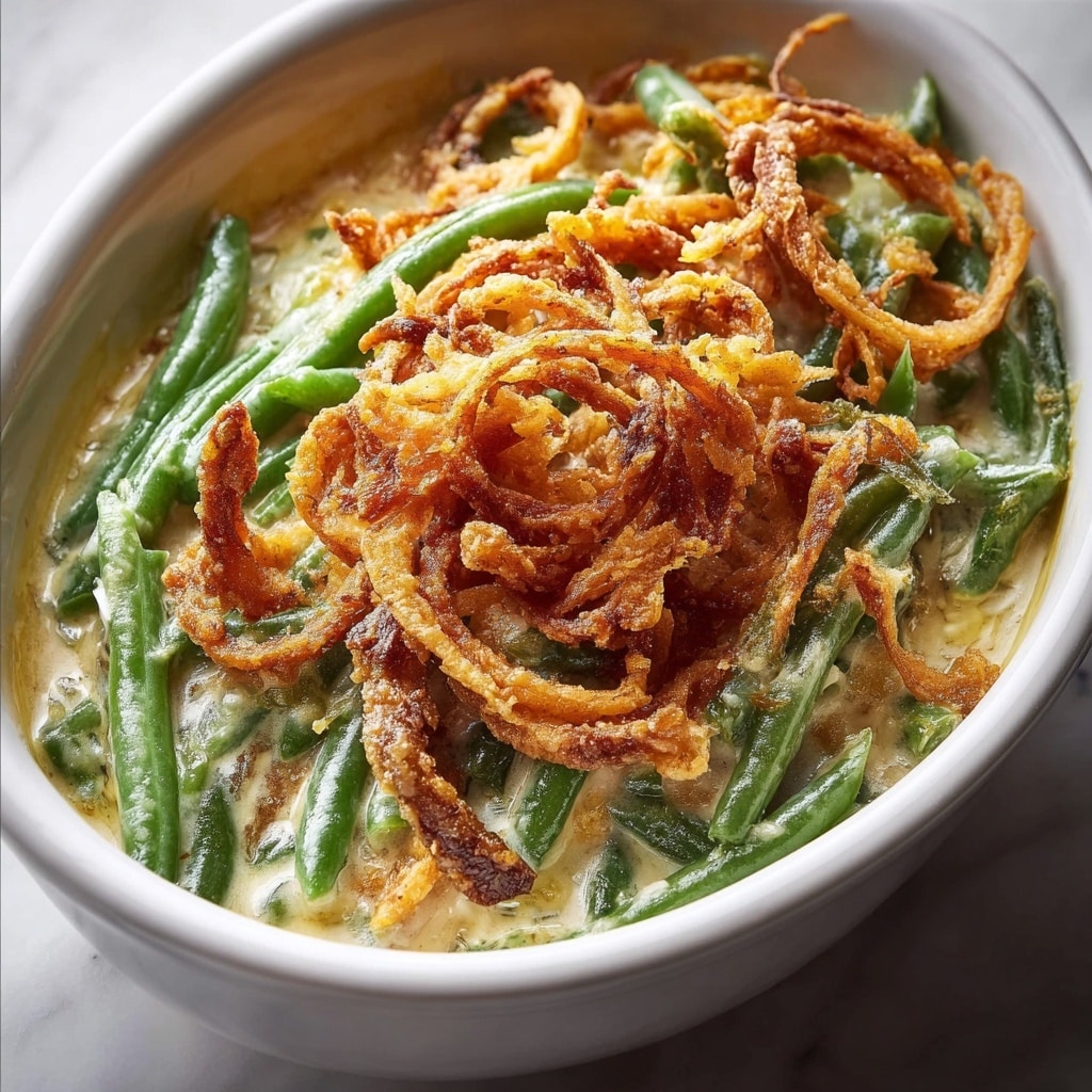Creamy Green Bean Casserole with Crispy French Fried Onions Recipe - Recipe Image