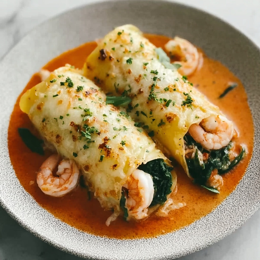 Shrimp & Spinach Stuffed Pasta Rolls with Roasted Red Pepper Cream Sauce Recipe - Recipe Image