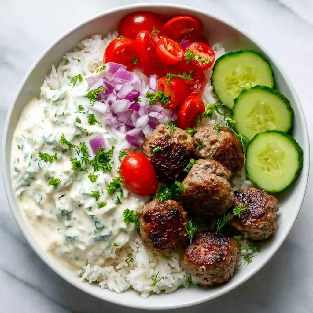 Greek Meatball Bowl with Tzatziki, Rice & Fresh Veggies Recipe - Recipe Image