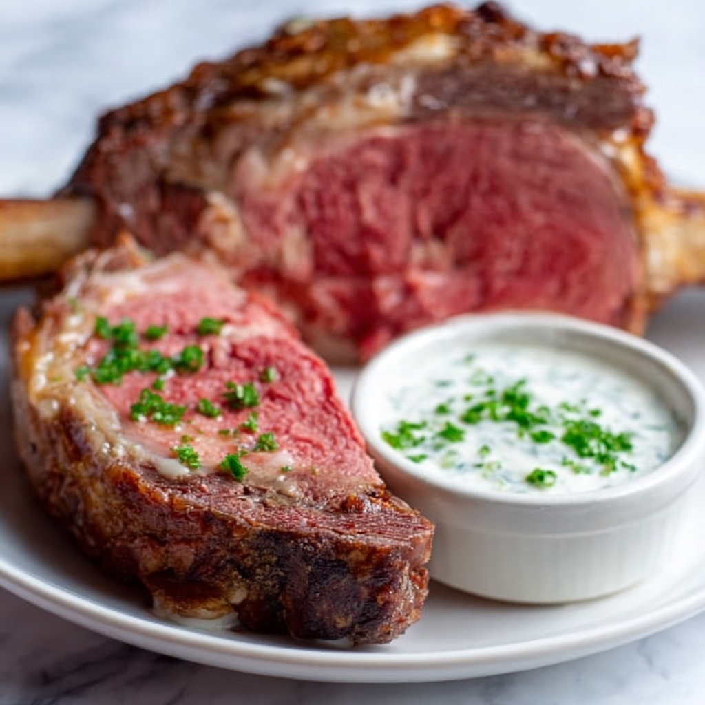 Herb-Crusted Bone-In Ribeye Roast with Roasted Baby Potatoes and Horseradish Sauce Recipe - Recipe Image