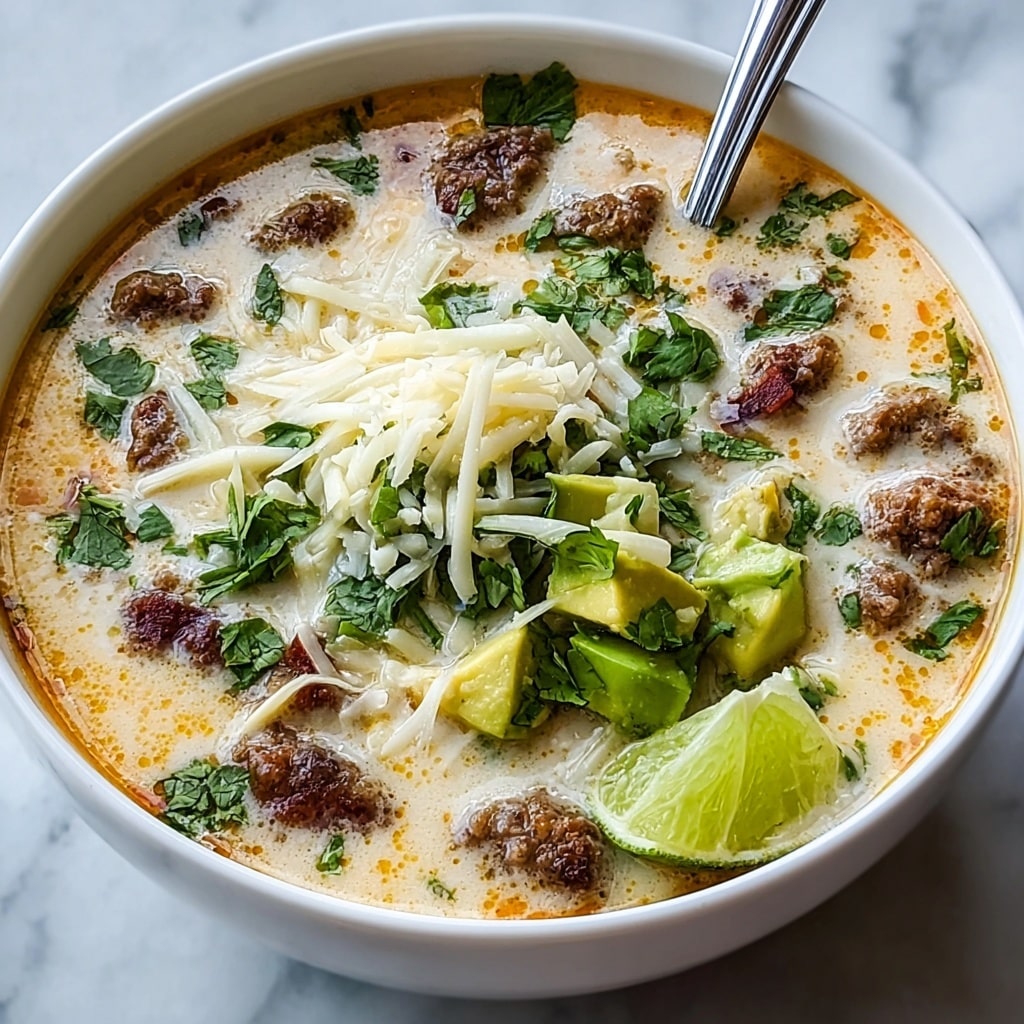 Keto Taco Soup with Beef, Cheese, and Avocado Recipe