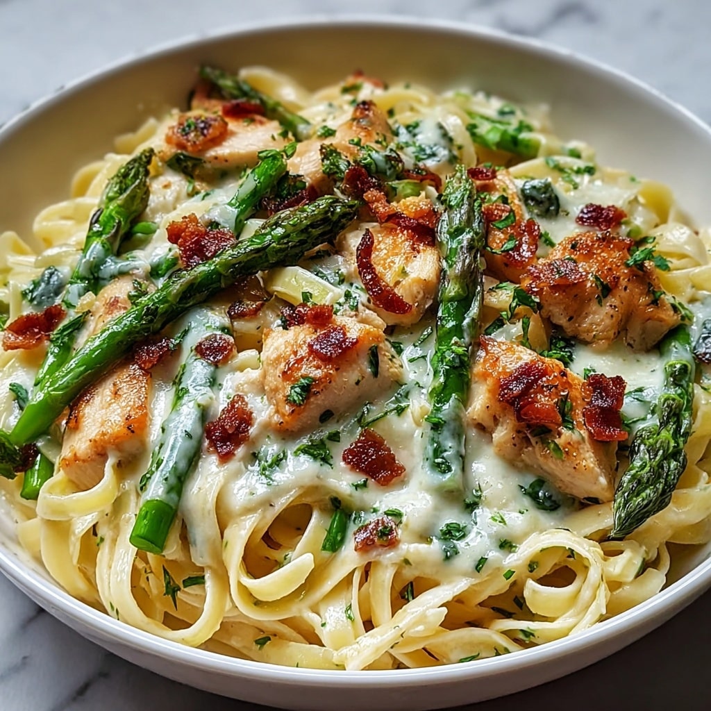 Creamy Asiago Chicken Asparagus Pasta Recipe - Recipe Image