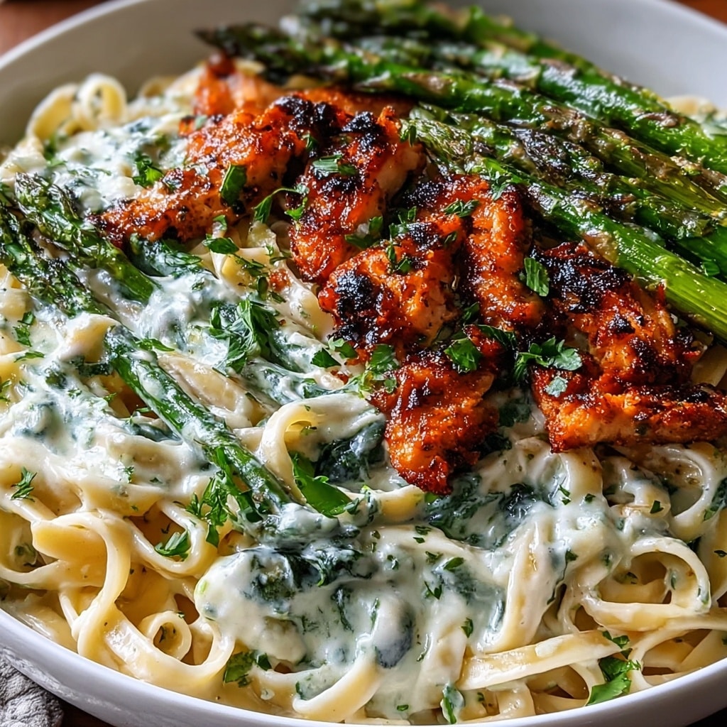 Creamy Asiago Chicken Asparagus Pasta Recipe - Recipe Image