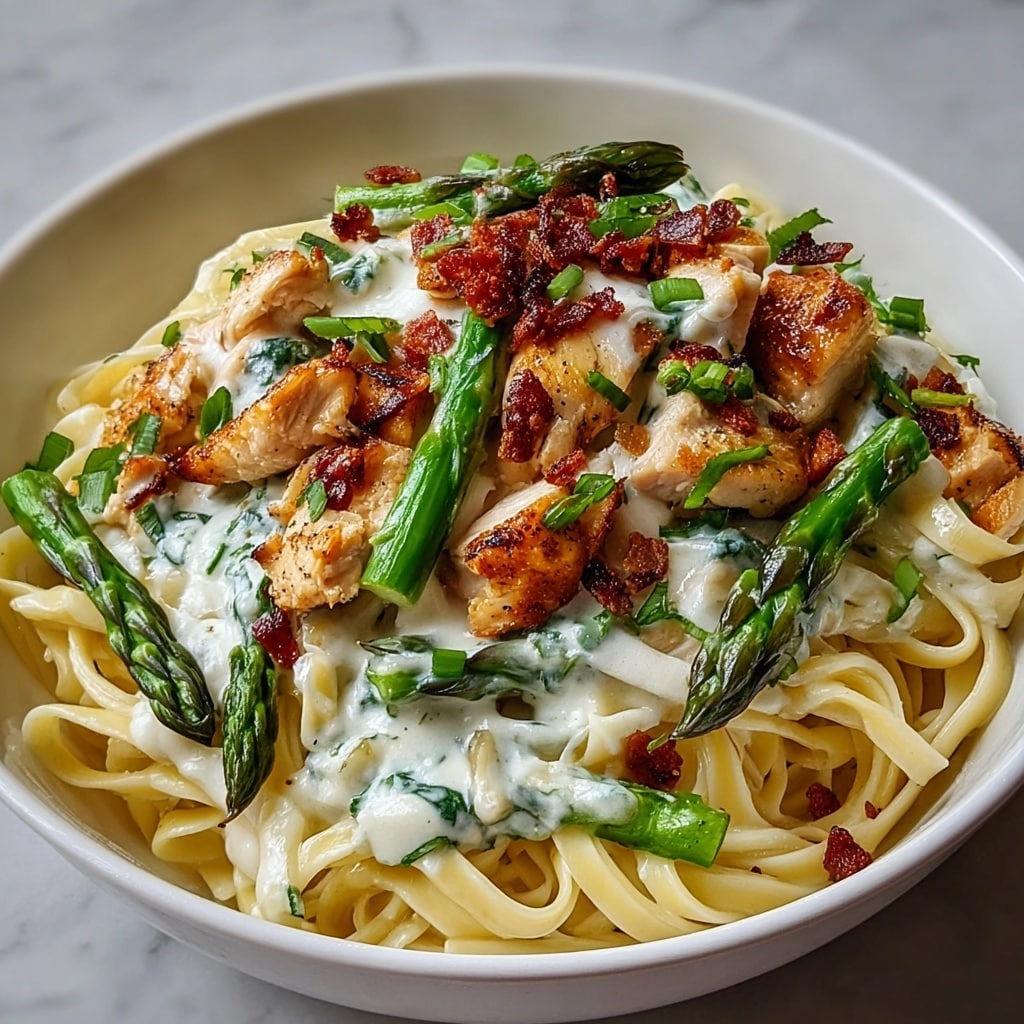 Creamy Asiago Chicken Asparagus Pasta Recipe - Recipe Image