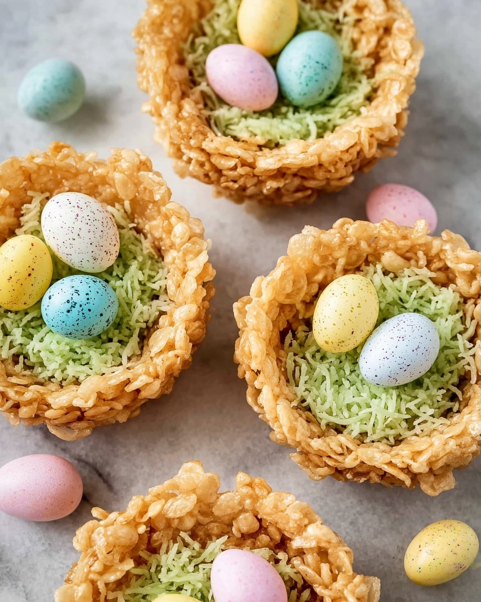Adorable Rice Krispie Nests with Green Coconut and Candy Robin Eggs Recipe - Recipe Image
