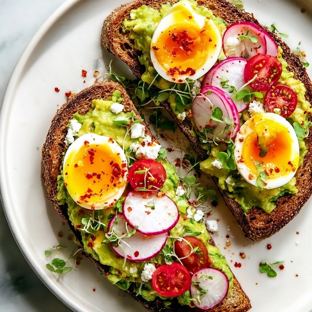 Loaded Avocado Toast with Jammy Eggs and Fresh Garden Veggies Recipe - Recipe Image