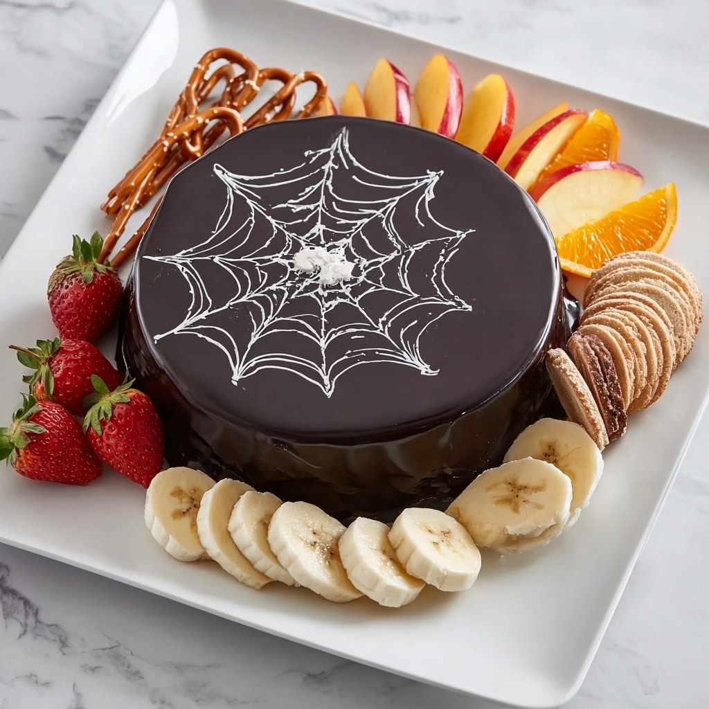 Spiderweb Chocolate Ganache Board with Fresh Fruit and Dippers Recipe - Recipe Image