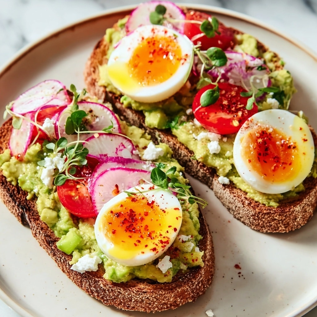 Loaded Avocado Toast with Jammy Eggs and Fresh Garden Veggies Recipe - Recipe Image