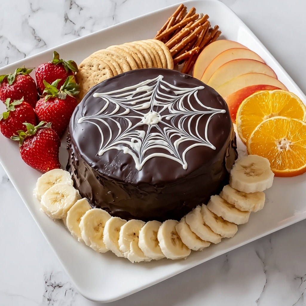 Spiderweb Chocolate Ganache Board with Fresh Fruit and Dippers Recipe - Recipe Image