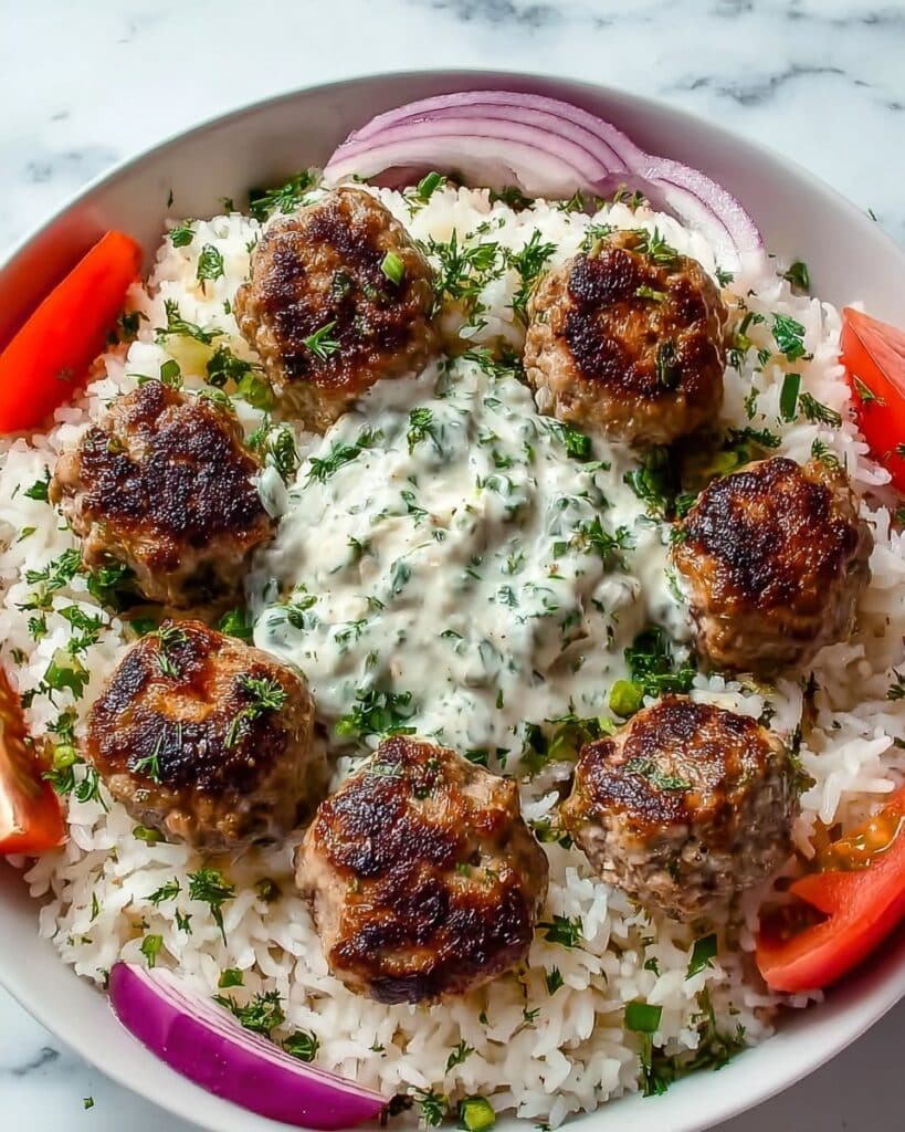 Greek Meatball Bowl with Tzatziki, Rice & Fresh Veggies Recipe