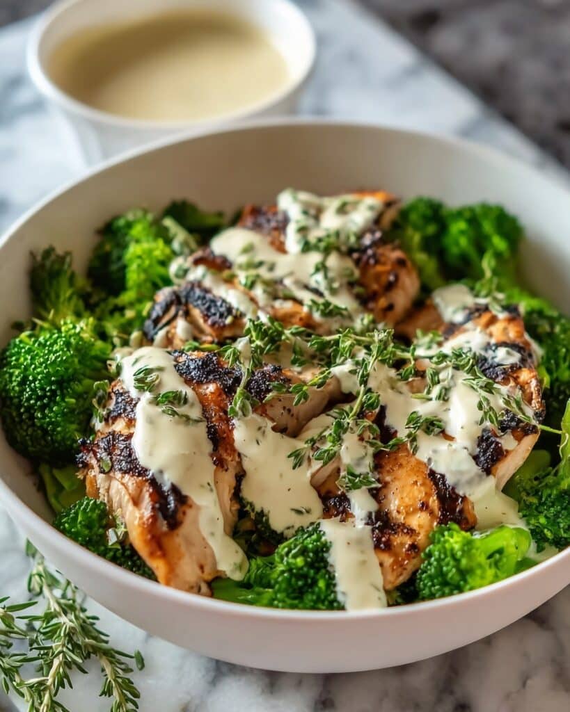 Grilled Chicken & Broccoli Bowls with Creamy Garlic Sauce Recipe